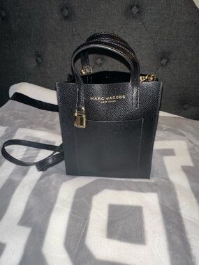 Marc Jacobs Black Pebbled Leather Mini Crossbody Tote with Gold Hardware
